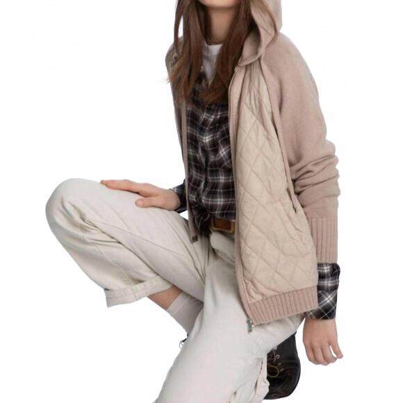 NEW ELLIOTT LAUREN mix master quilted zip front hoodie in almond